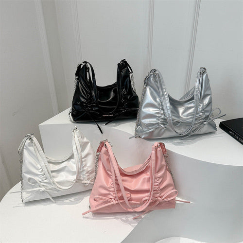 2-Way Soft Ruched Shoulder Bag with Chain Accent