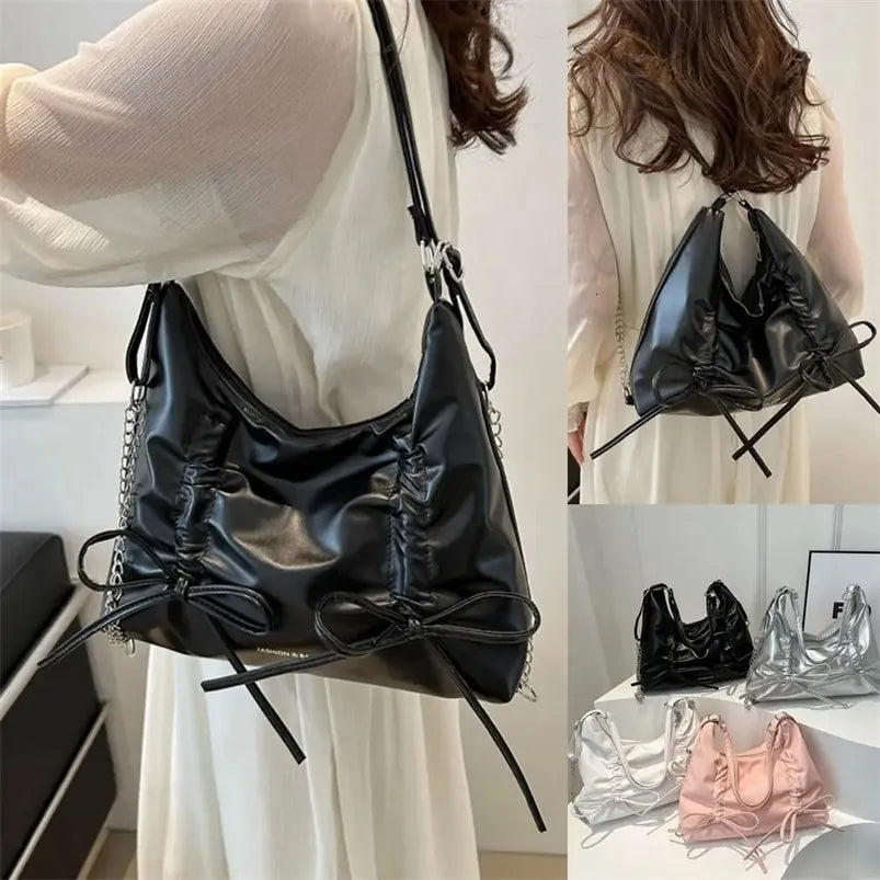 2-Way Soft Ruched Shoulder Bag with Chain Accent