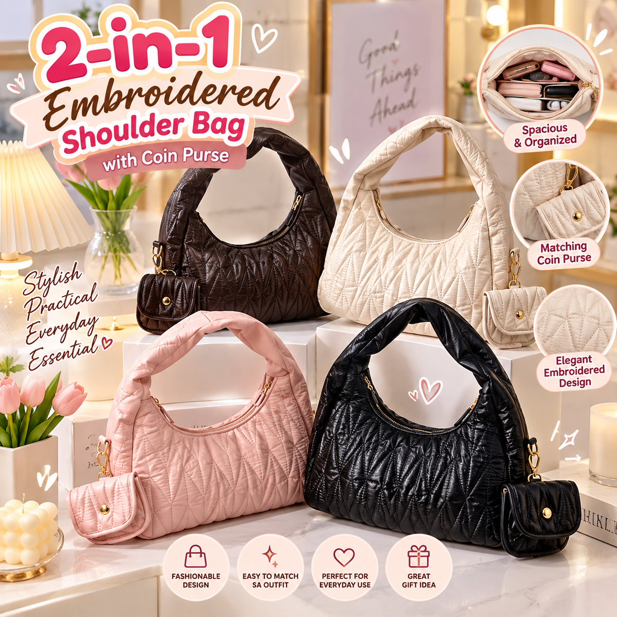 2-in-1 Embroidered Shoulder Bags with Coin Purse