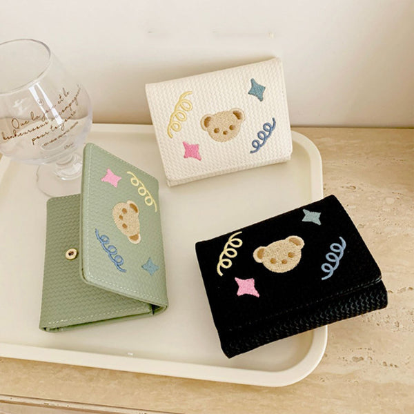 Women's Trifold Bear-Embroidered Wallet