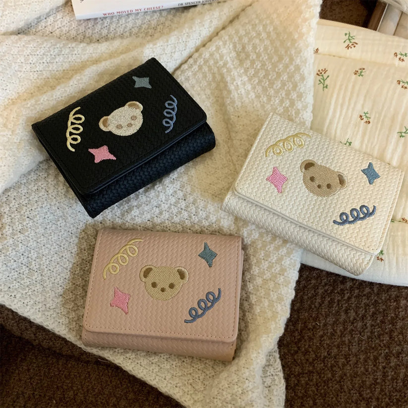 Women's Trifold Bear-Embroidered Wallet