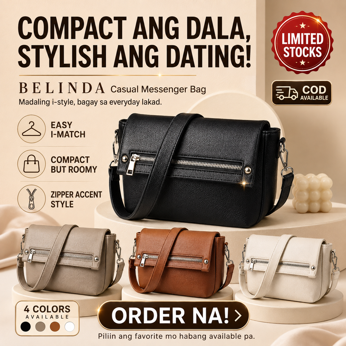 BELINDA Casual Messenger Bag with Zipper Accent Flap
