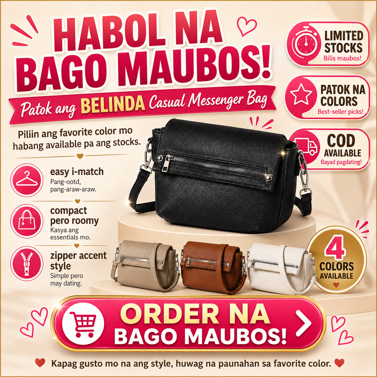 BELINDA Casual Messenger Bag with Zipper Accent Flap