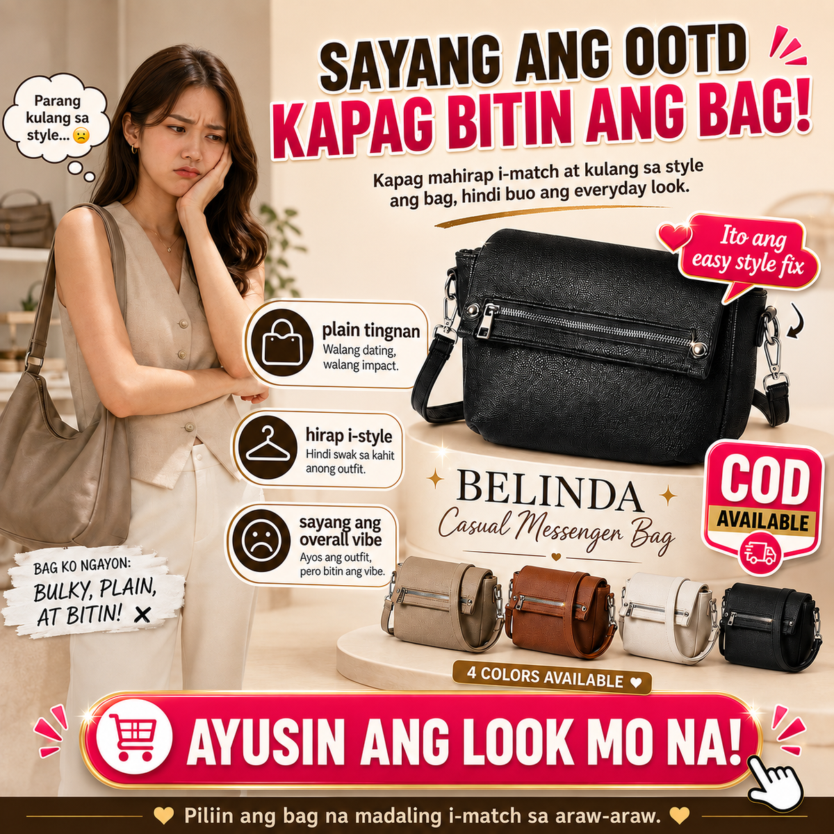 BELINDA Casual Messenger Bag with Zipper Accent Flap
