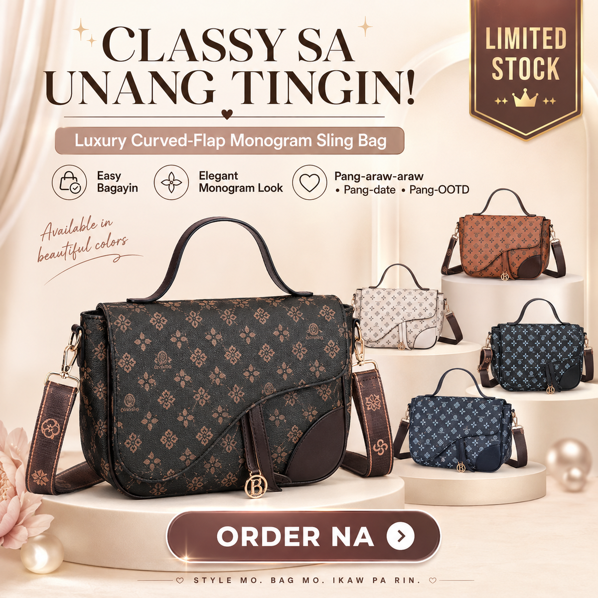 Luxury Curved-Flap Monogram Sling Bag