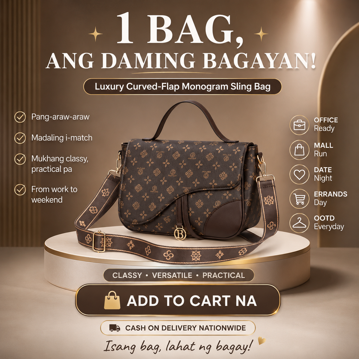 Luxury Curved-Flap Monogram Sling Bag