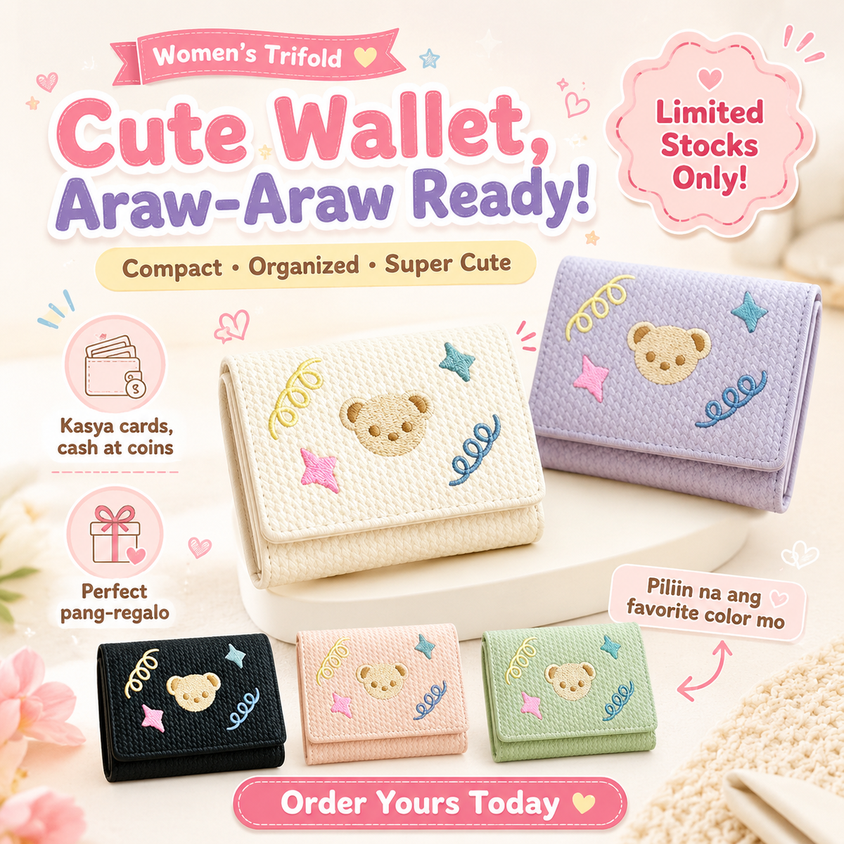 Women's Trifold Bear-Embroidered Wallet