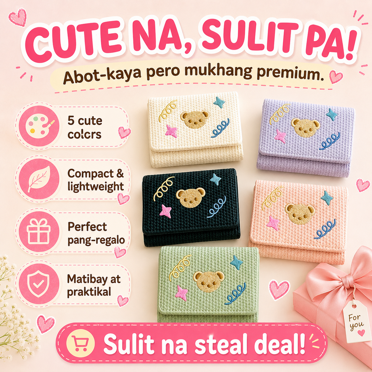 Women's Trifold Bear-Embroidered Wallet