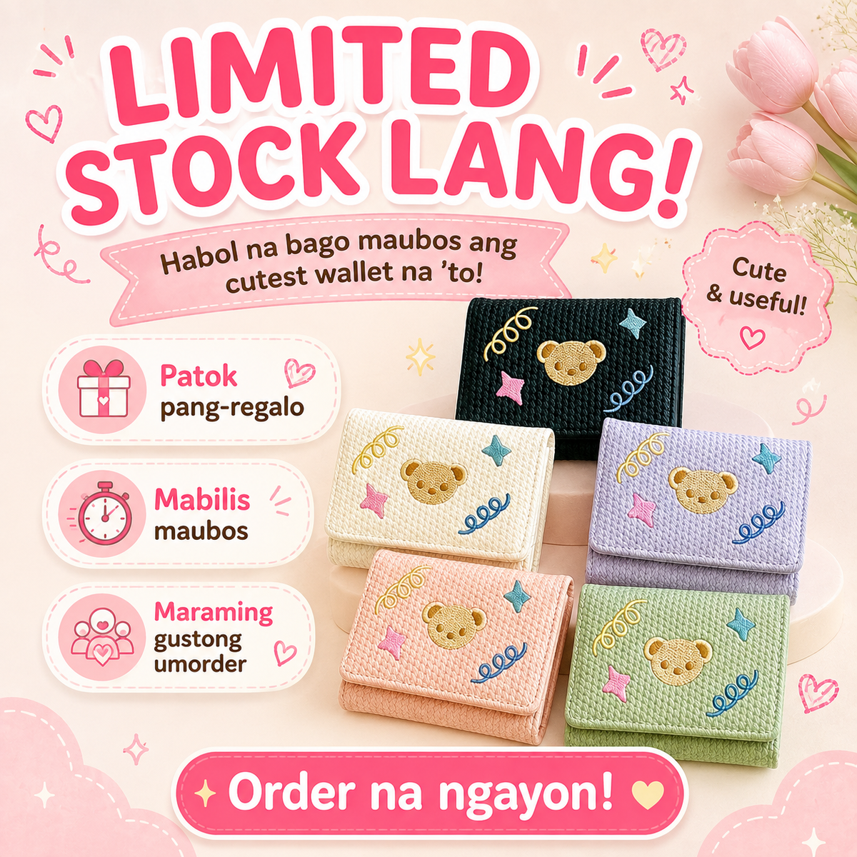Women's Trifold Bear-Embroidered Wallet