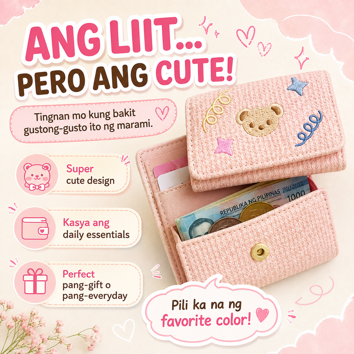 Women's Trifold Bear-Embroidered Wallet