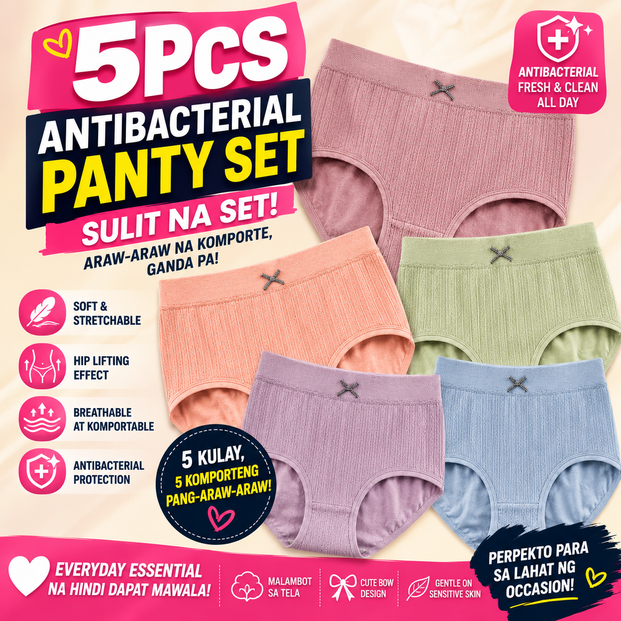 5PCS Antibacterial Hip Lifting Stretch Panty Bow Design