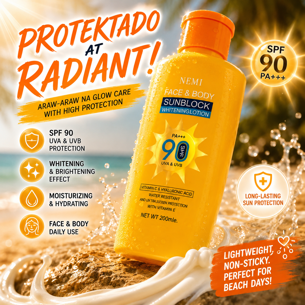 MEMI Face and Body Sunblock Whitening Lotion SPF90 PA+++ 200ml