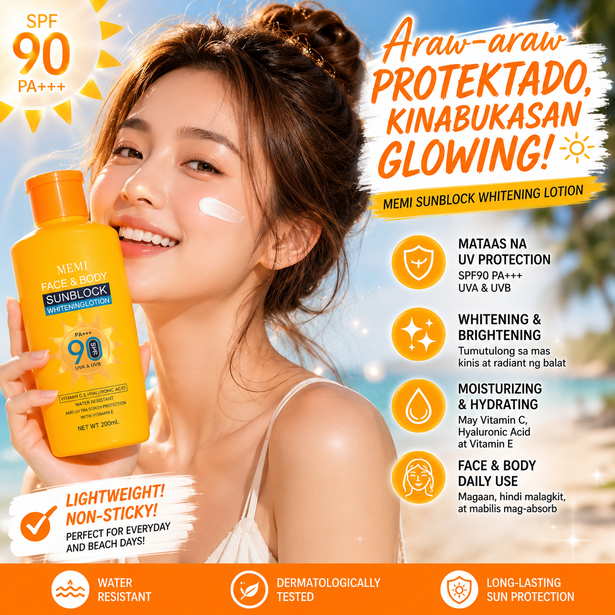 MEMI Face and Body Sunblock Whitening Lotion SPF90 PA+++ 200ml