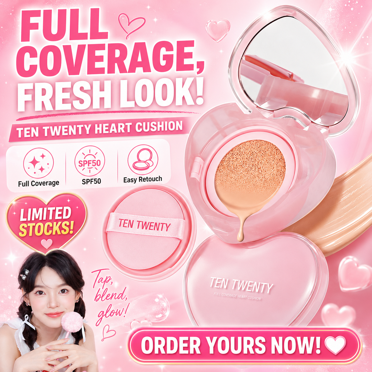TEN TWENTY Full Coverage Heart Cushion with SPF50
