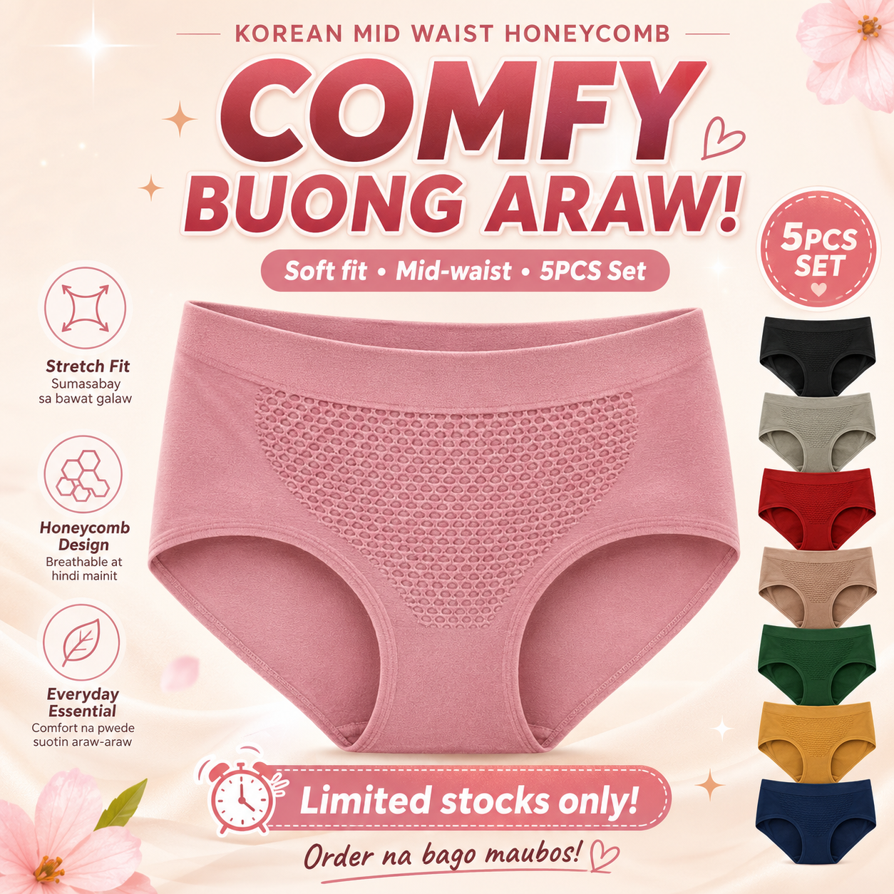 Korean Mid Waist Honeycomb Underwear Panty (5pcs/Set)