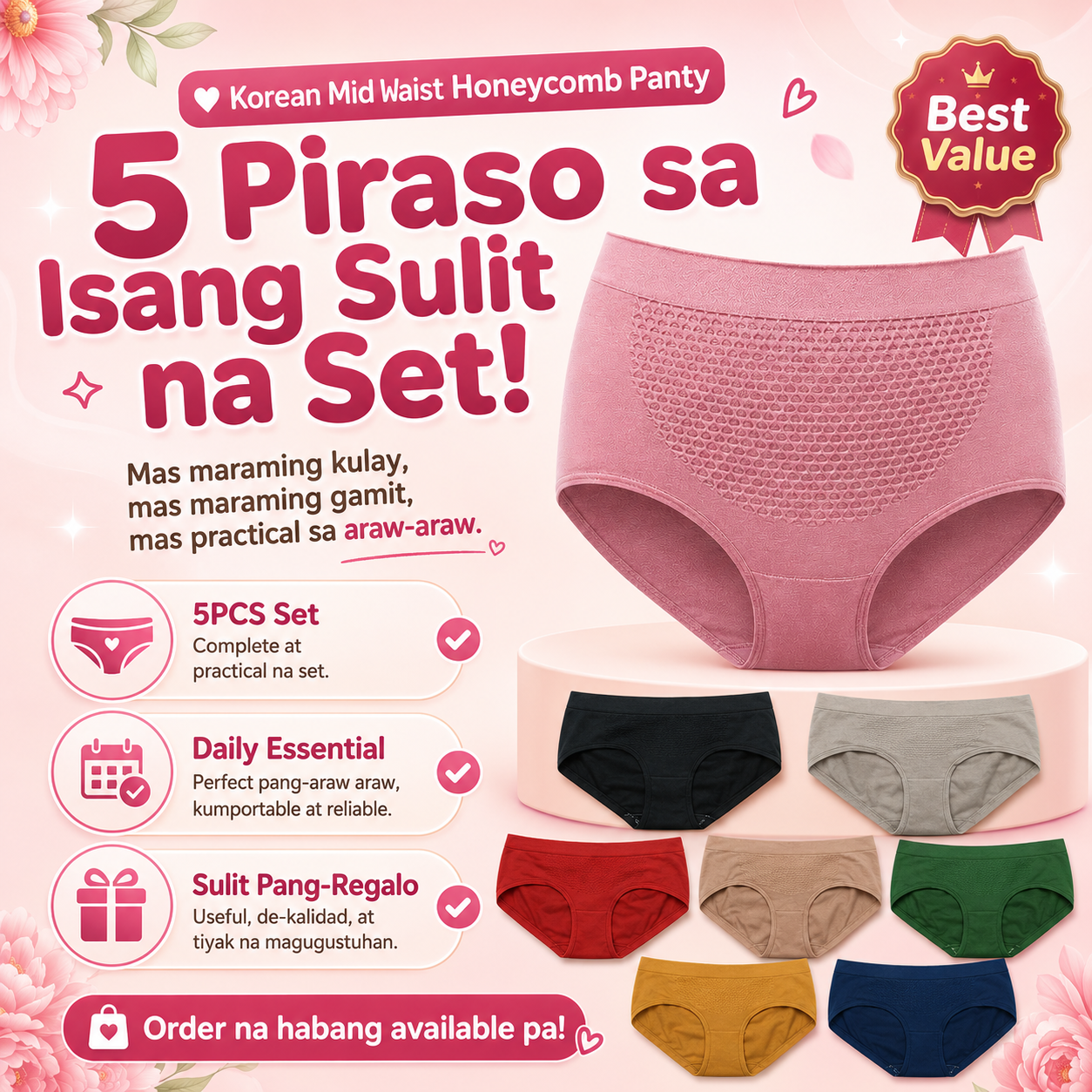 Korean Mid Waist Honeycomb Underwear Panty (5pcs/Set)