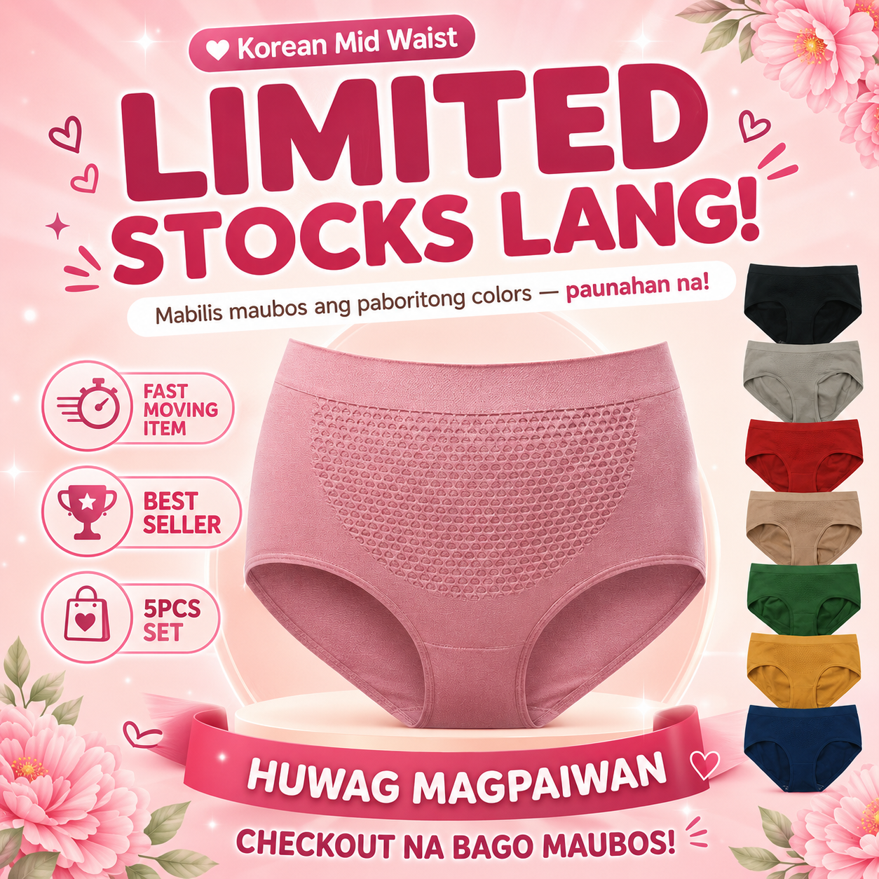Korean Mid Waist Honeycomb Underwear Panty (5pcs/Set)