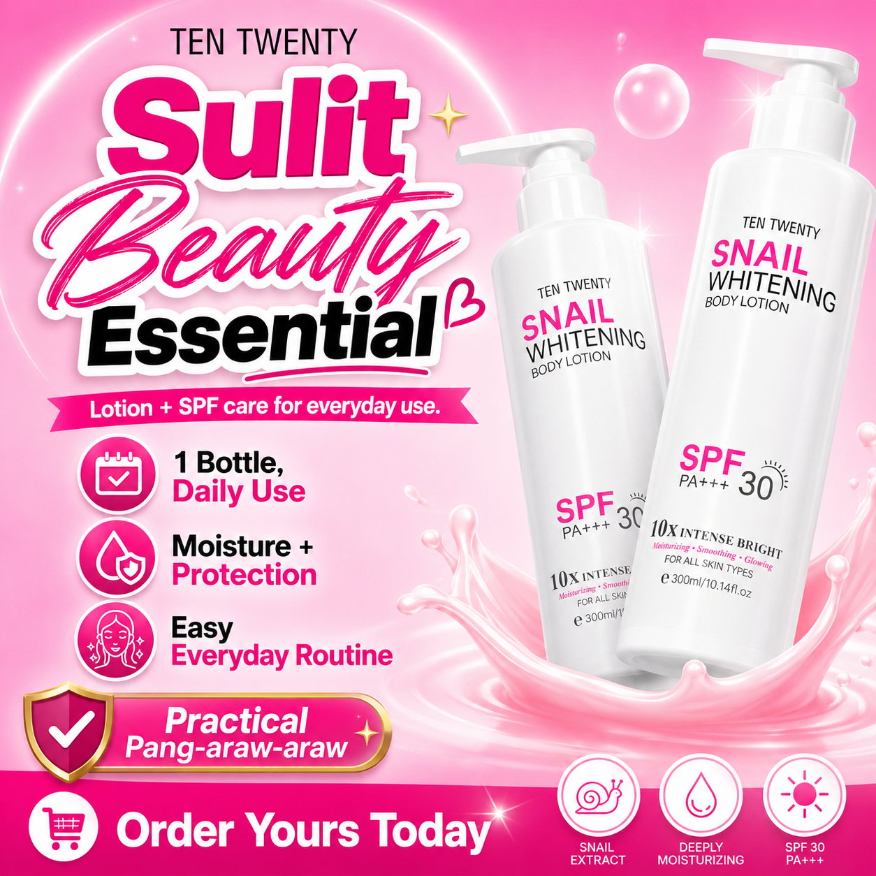 TEN TWENTY Snail Whitening 10X Intense Bright Beauty Lotion with Spf 30 PA+++