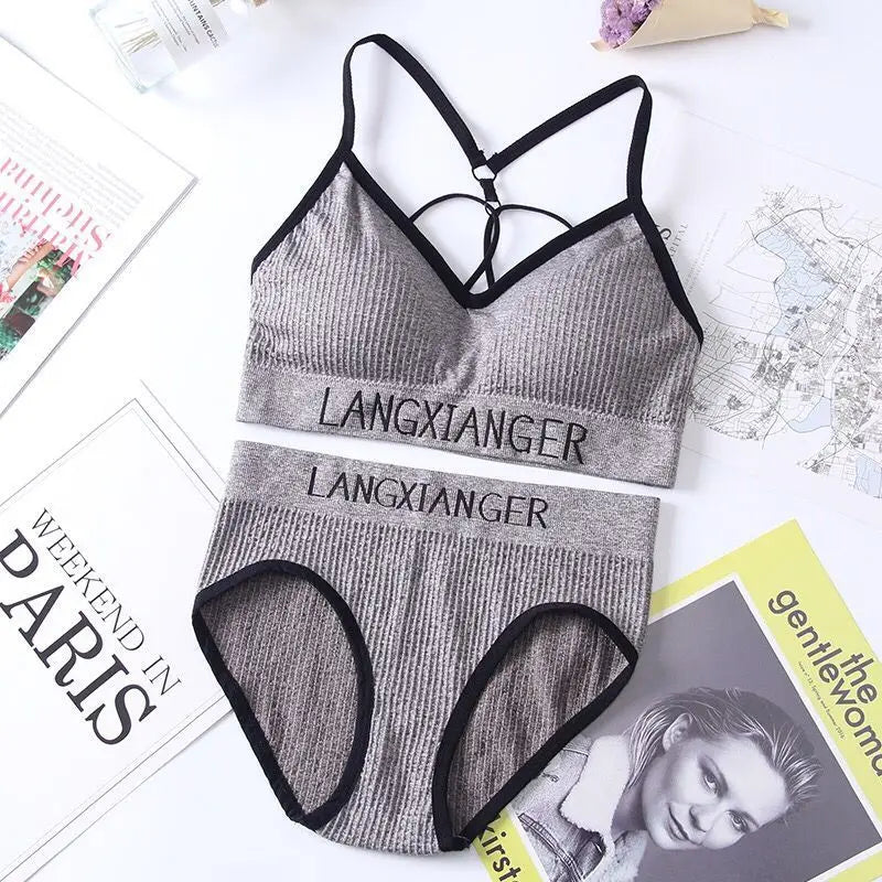 Women Sports Underwear Set Strings Backless Bra & High Waist Panties Set