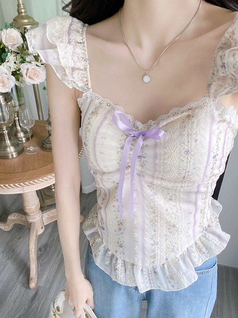 Floral Ruffle Cottagecore Sleeveless Top