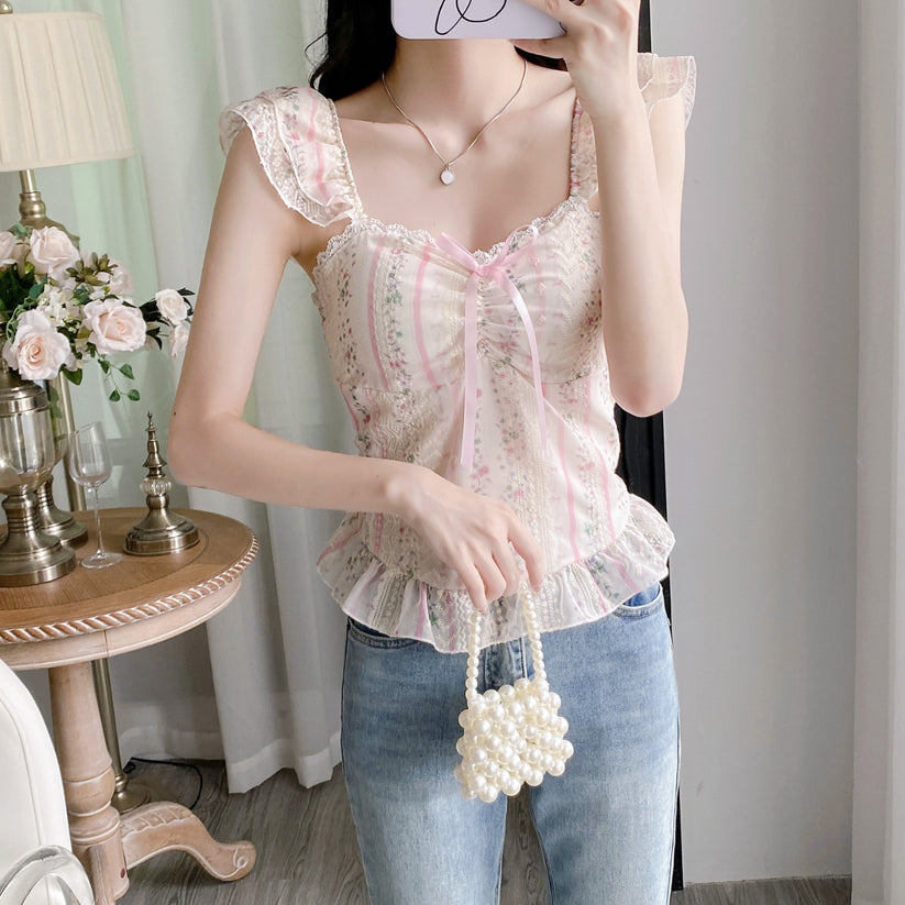Floral Ruffle Cottagecore Sleeveless Top