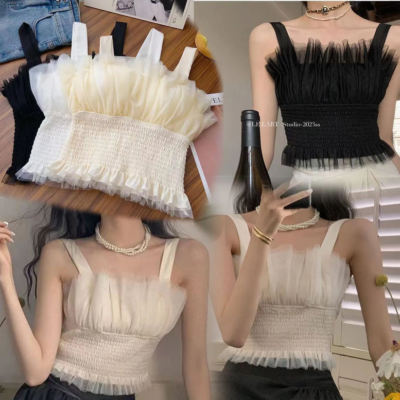 Smocked Tulle Ruffle Camisole Top