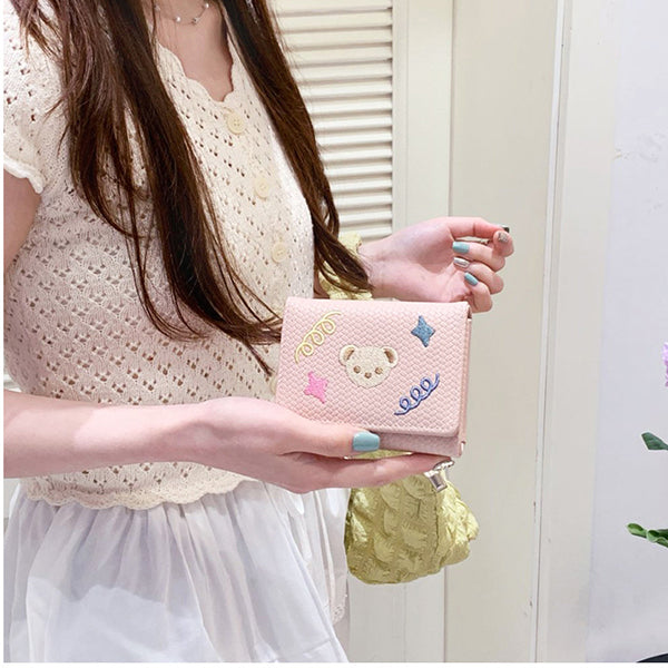 Women's Trifold Bear-Embroidered Wallet